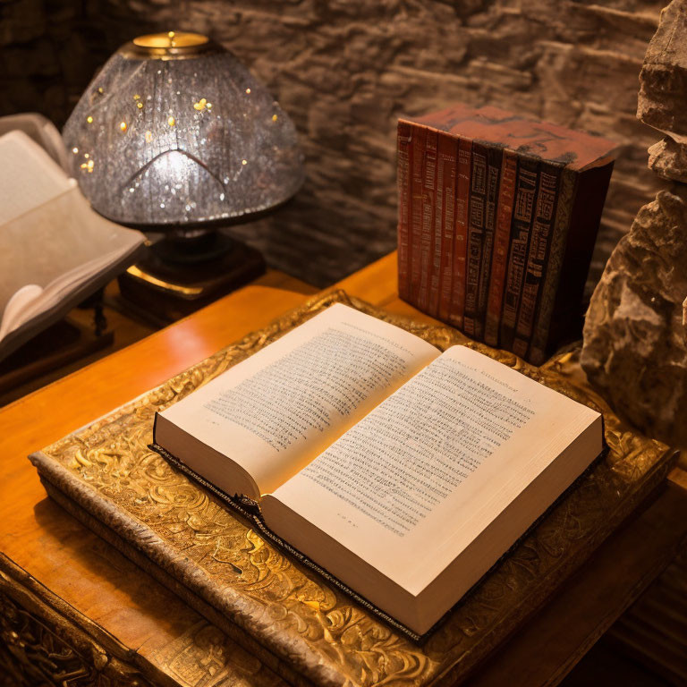 Open book on ornate table with lamp and hardcover books against stone wall