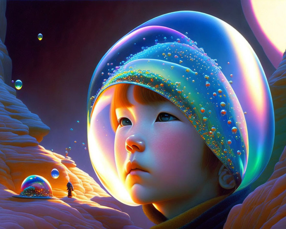 Child in jacket mesmerized by luminous bubbles in mystical landscape