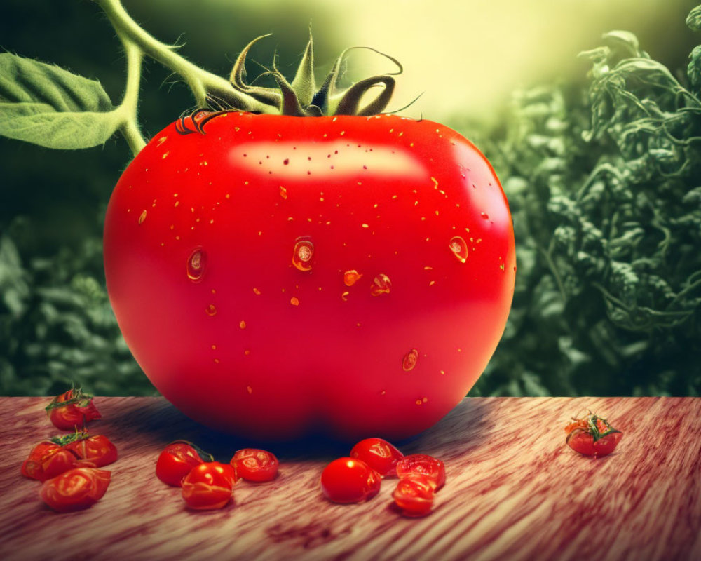 Fresh ripe tomato with water droplets on wooden surface surrounded by cherry tomatoes and green foliage