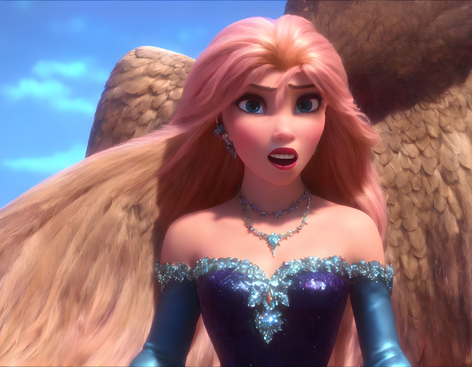 Animated character with long pink hair and blue dress against blue sky.