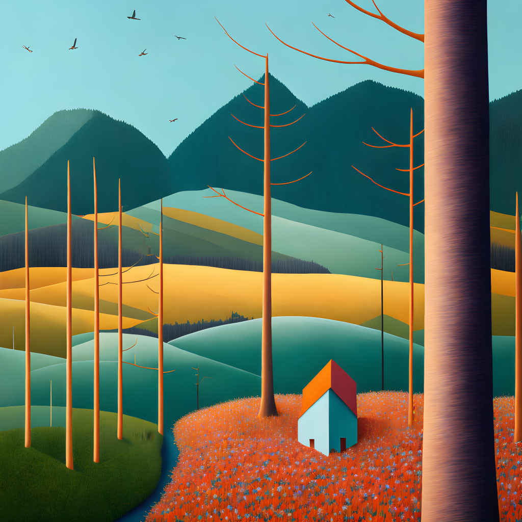 Stylized landscape with small house in orange fields