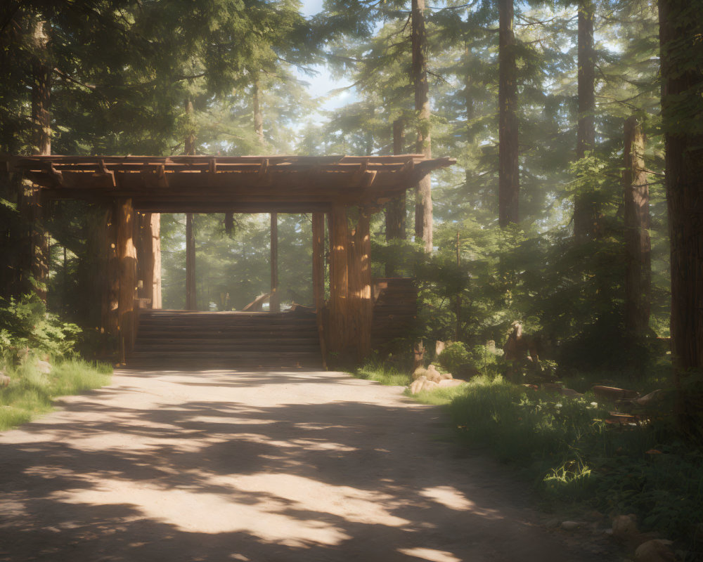 Tranquil Forest Path with Wooden Gate and Sunlight Filtering Through Trees