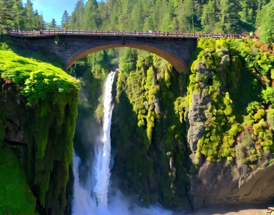 Stone bridge over lush green chasm with waterfall and onlookers