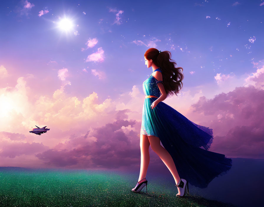 Woman in Blue Dress Gazes at Sunset with Starry Sky and Airplane in Distance