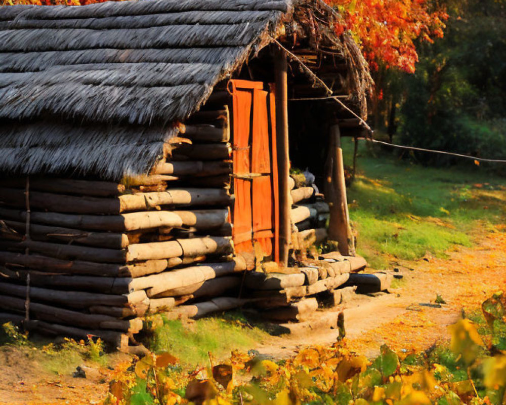 Rustic log cabin with thatched roof in autumn foliage landscape