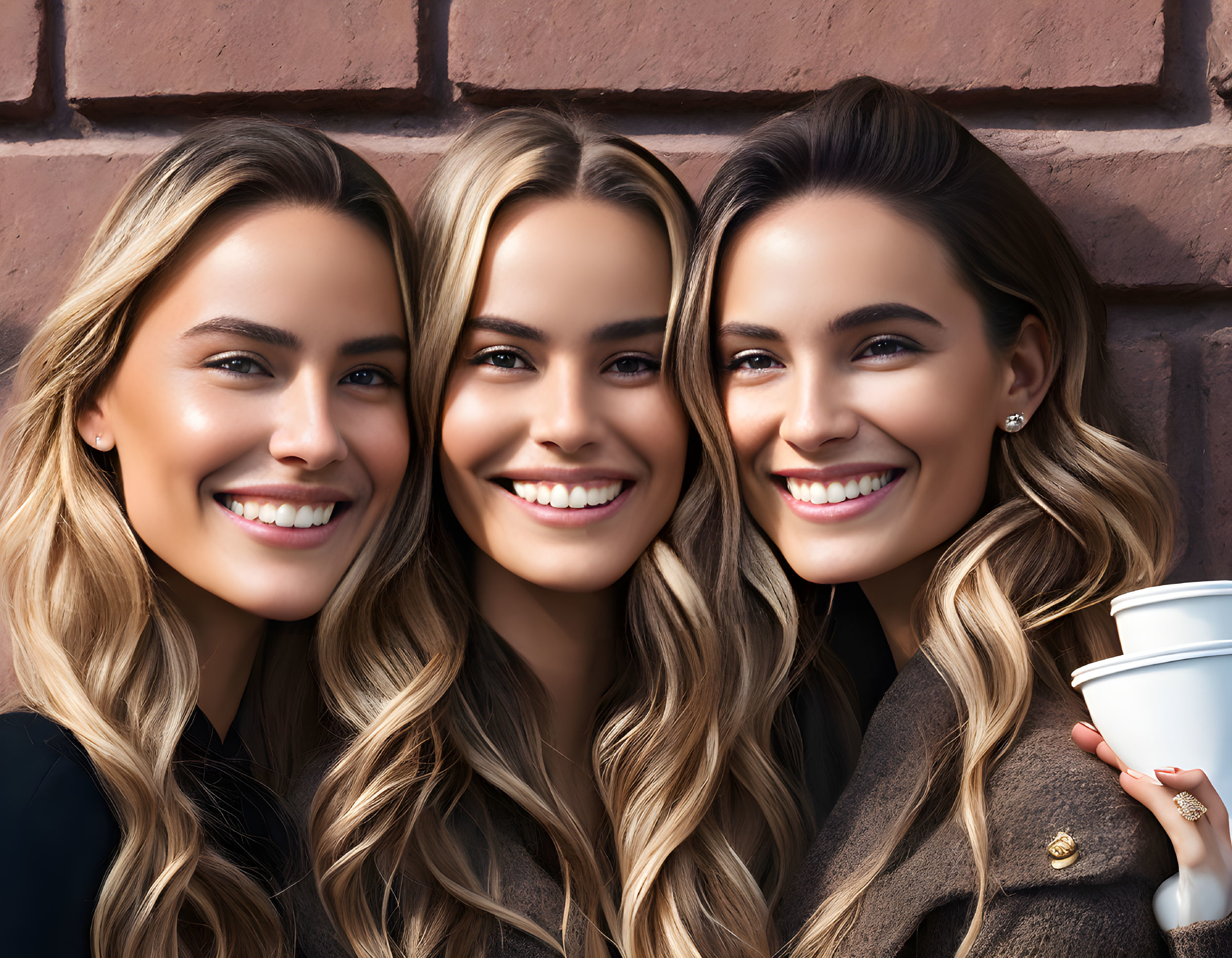 Three Women Smiling Together in Front of Brick Wall