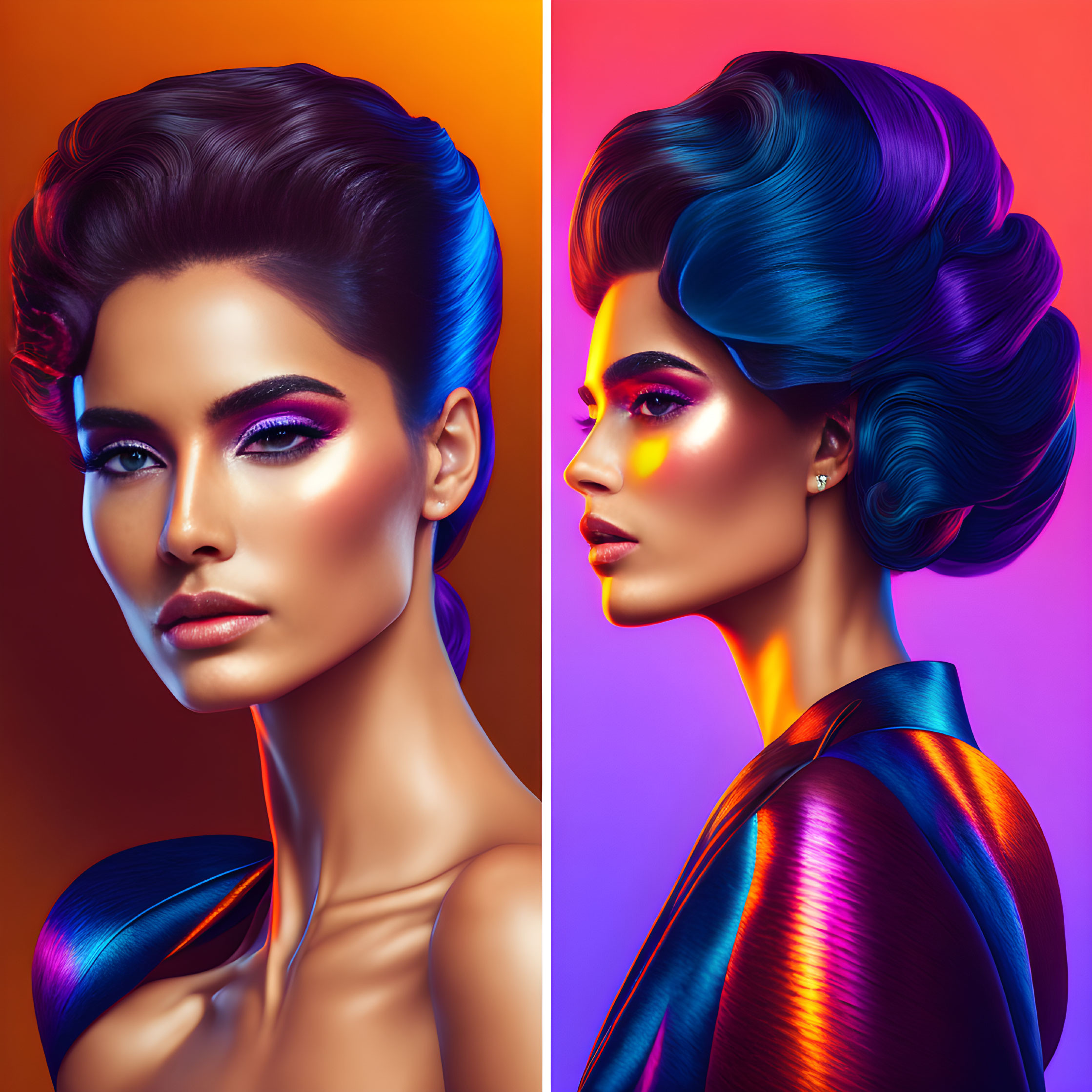 Colorful digital artwork: Woman with blue hair and vibrant makeup on warm gradient background