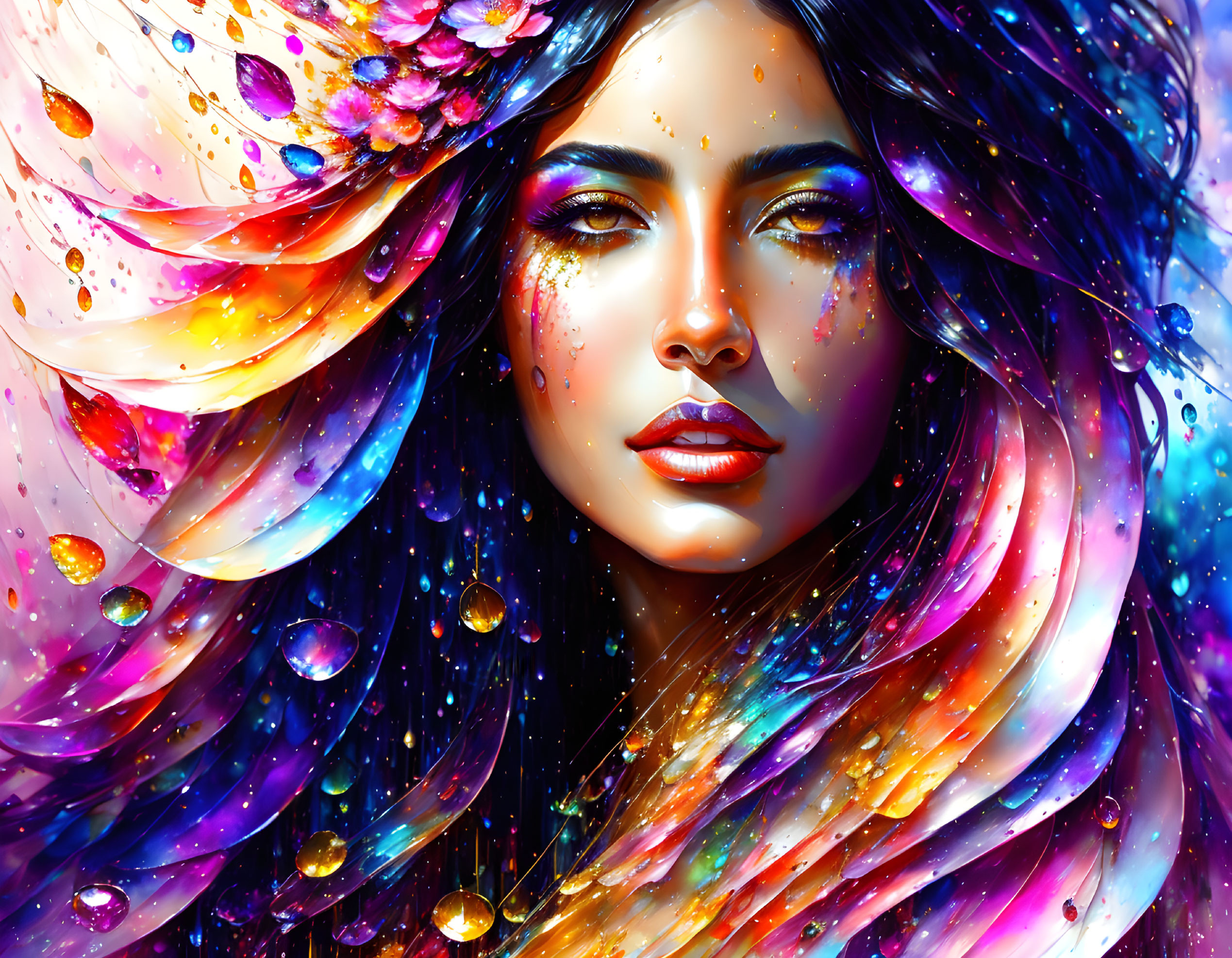 Colorful digital artwork featuring woman with floral elements