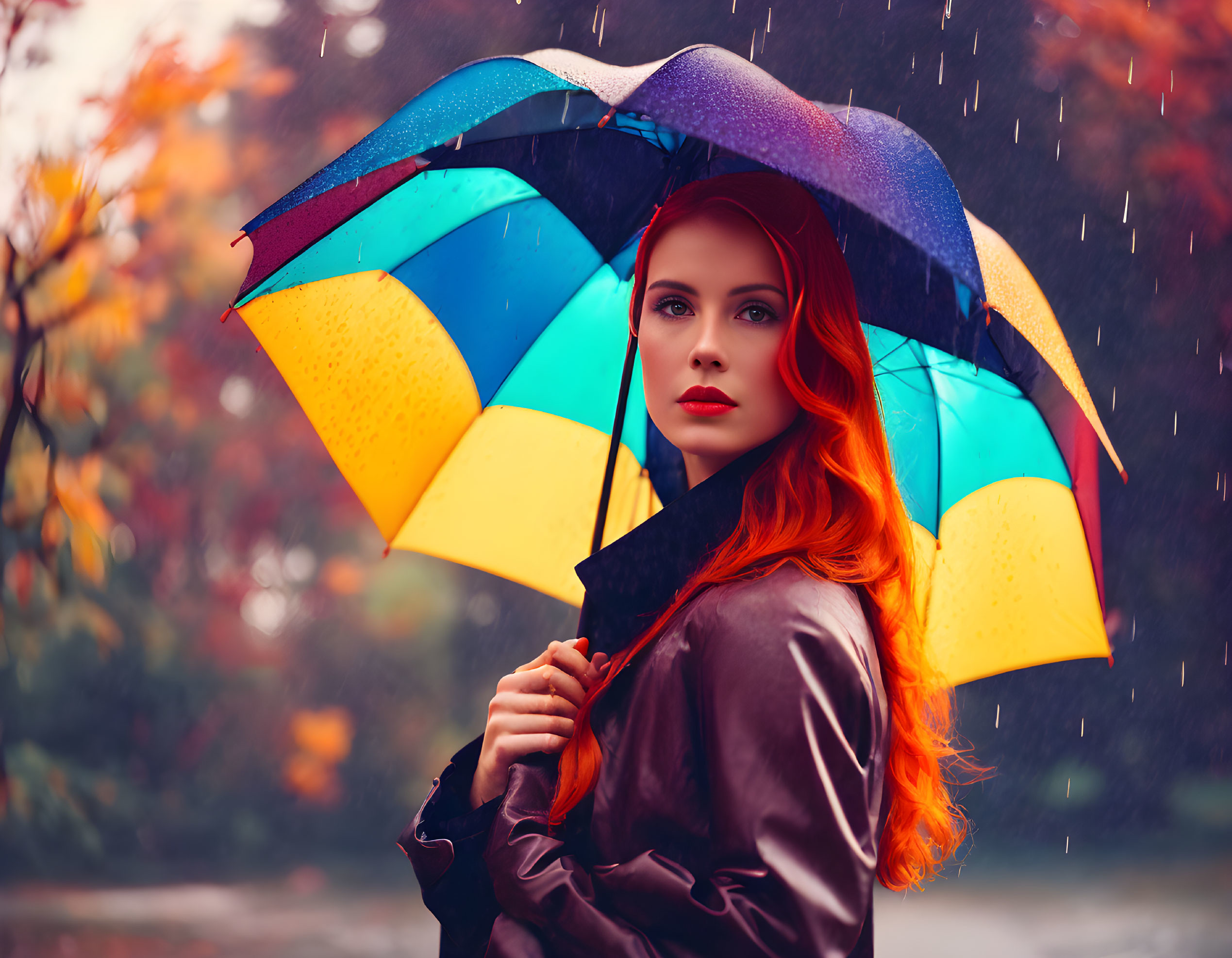 Red-haired woman with umbrella in rain amid autumn leaves.