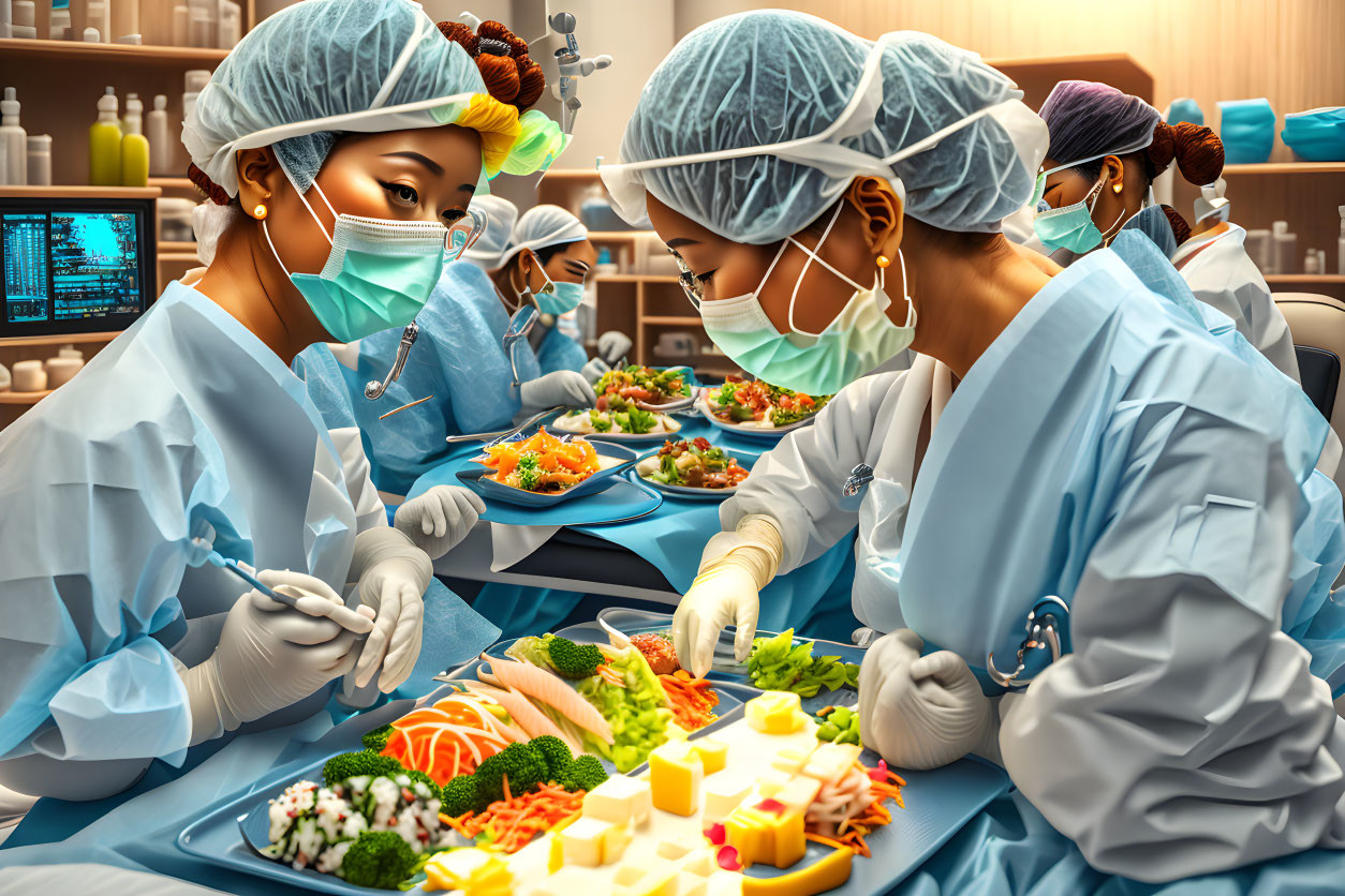 Animated surgeons delicately preparing sushi and sashimi in operating room setting.