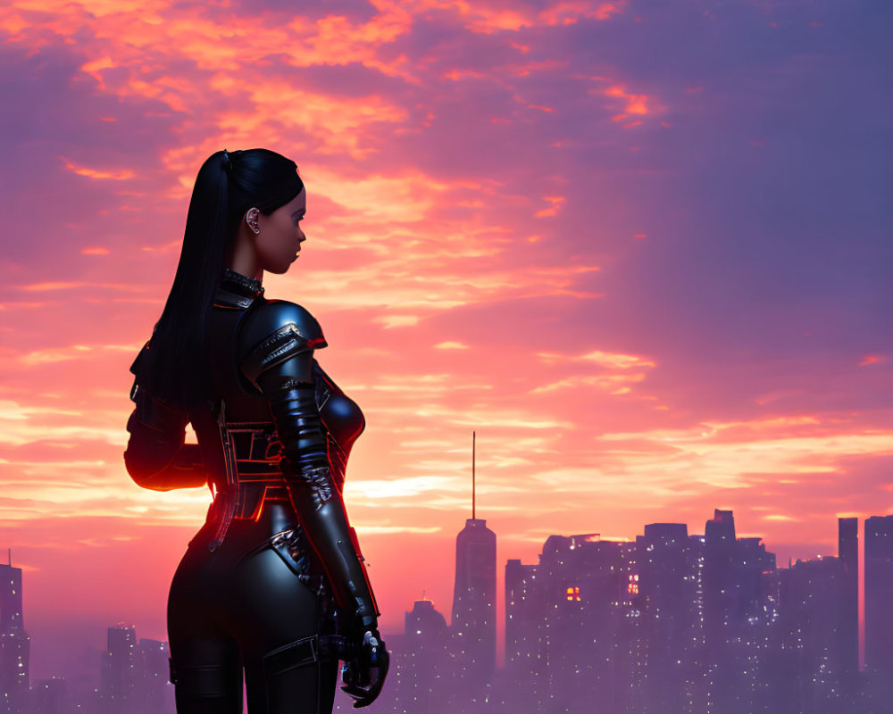 Woman in Black Latex Outfit Observing City Skyline at Fiery Sunset