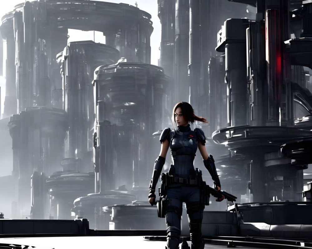 Futuristic cityscape with towering buildings and female figure in combat gear