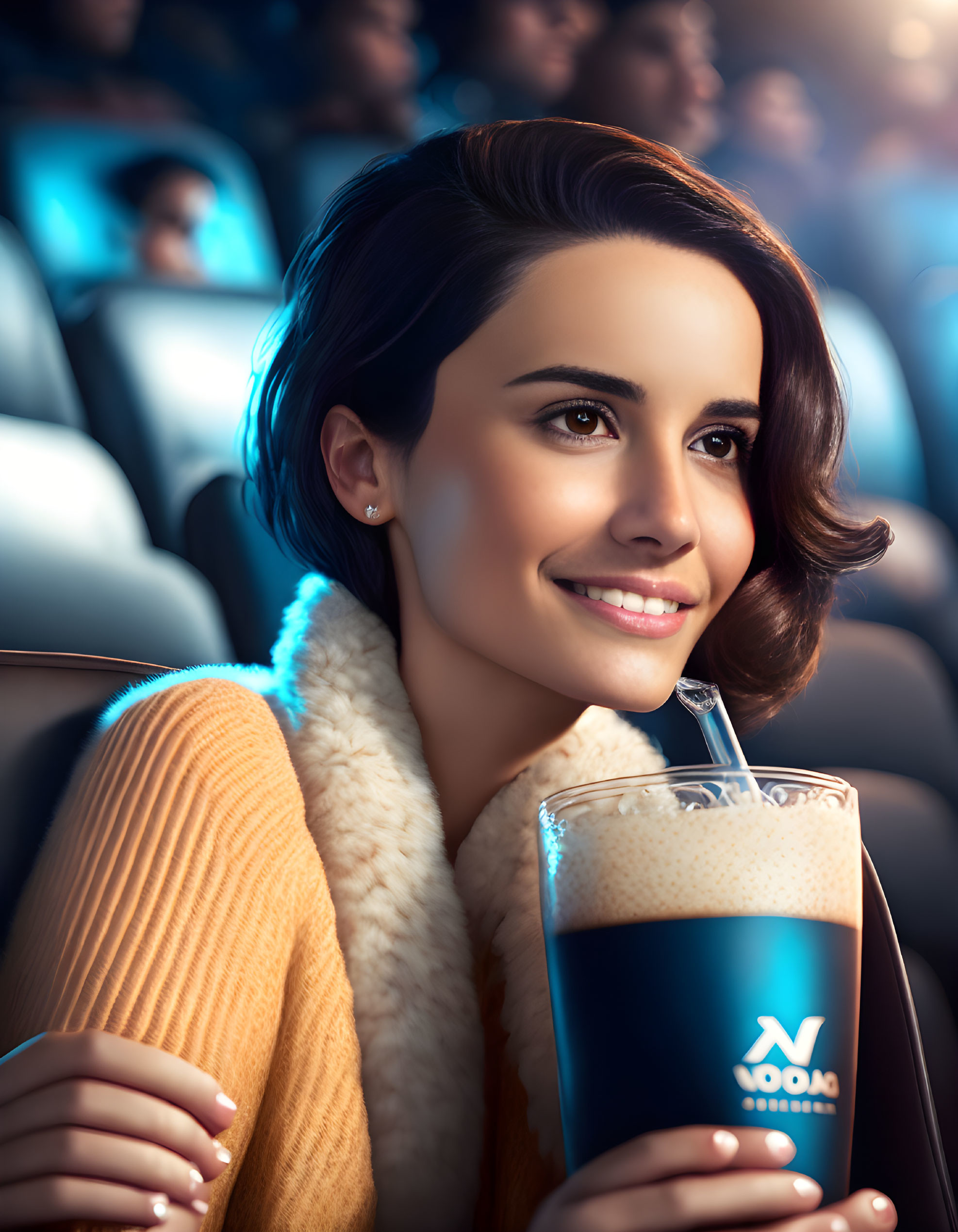 Woman Smiling in Cinema with Soda Surrounded by Audience