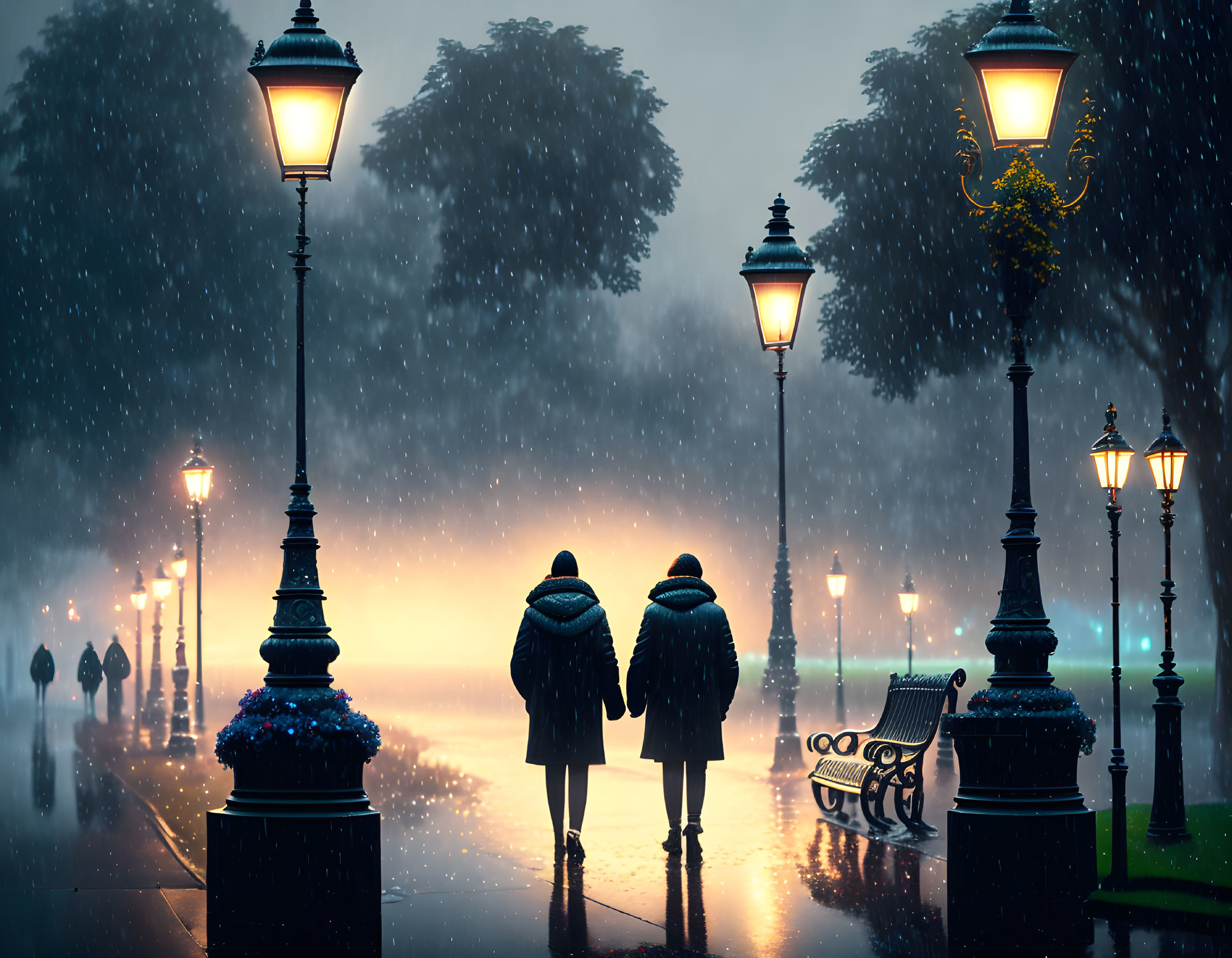 Rainy Evening Scene: Two Individuals Walking Under Street Lamps