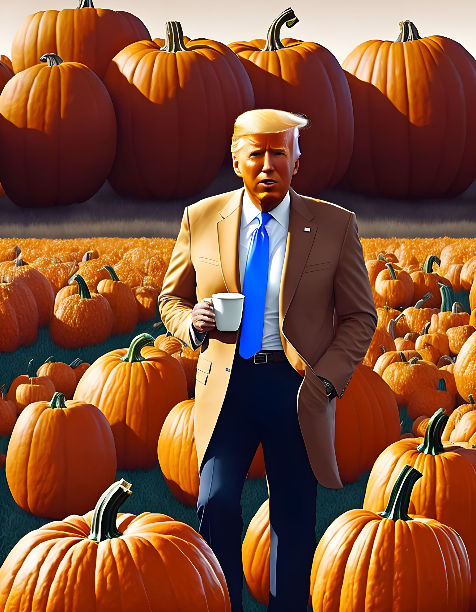 Man in suit with unique hairstyle in pumpkin field holding cup