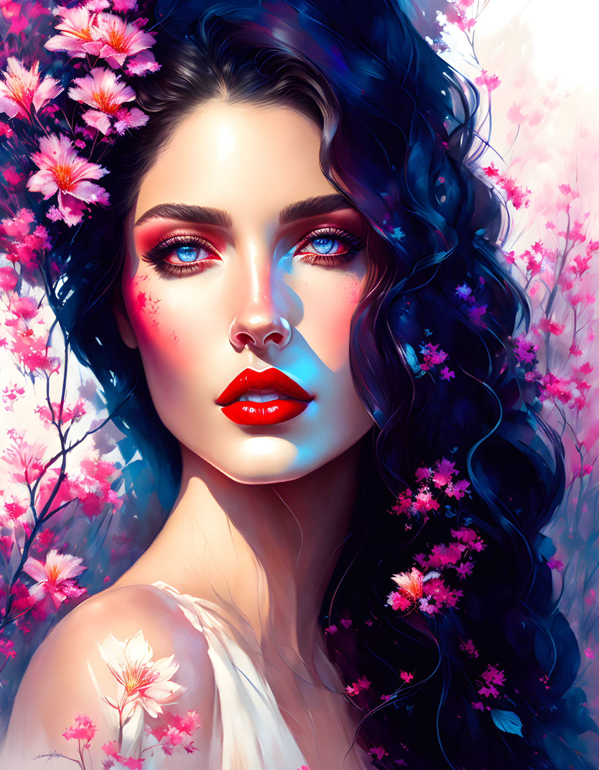 Illustrated portrait of woman with dark curly hair, blue eyes, red lips, and pink flowers.