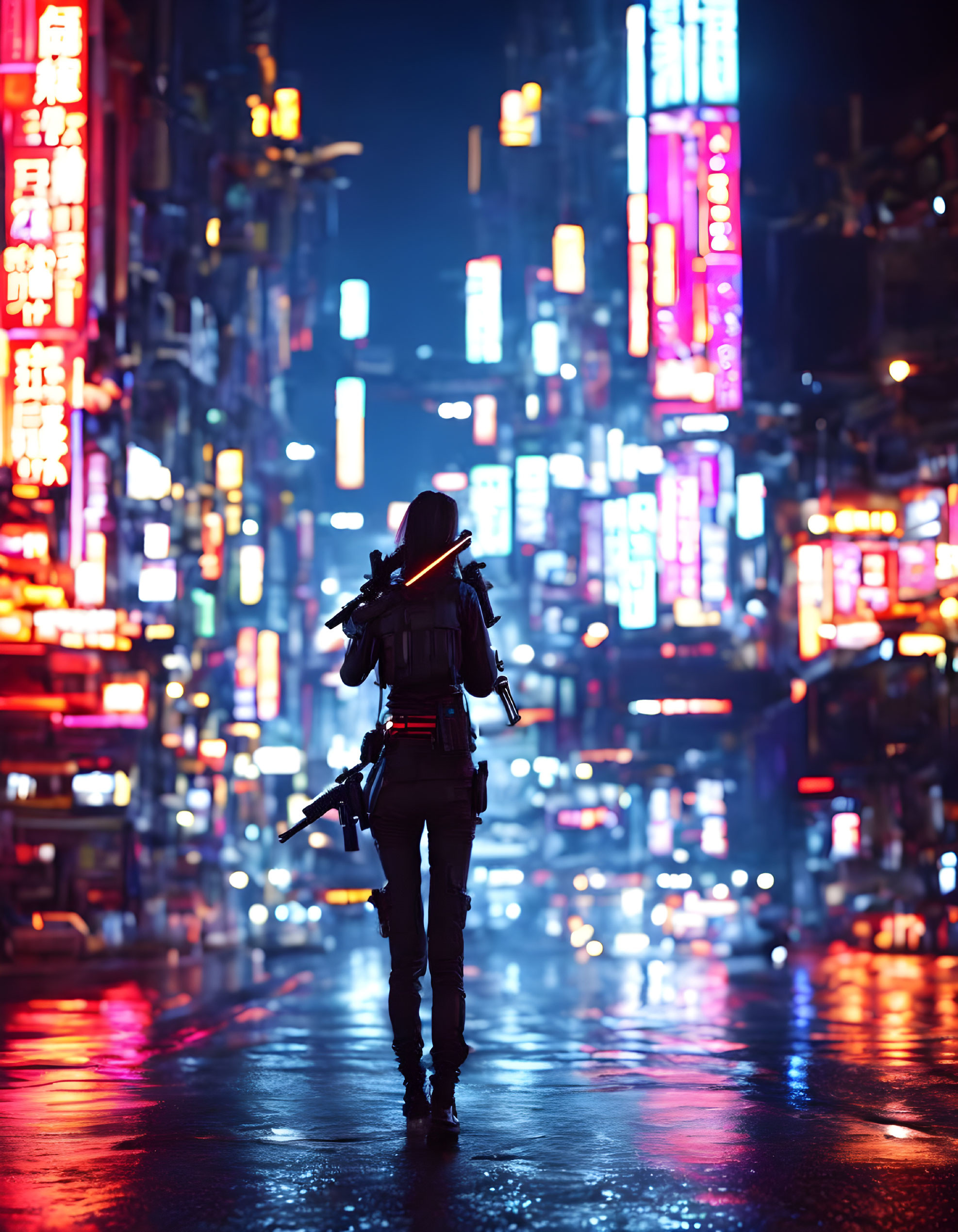 Futuristic weapon wielder in neon-lit cyberpunk city