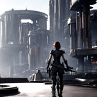 Futuristic cityscape with towering buildings and female figure in combat gear