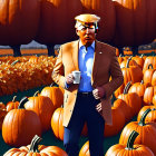 Man in suit with unique hairstyle in pumpkin field holding cup