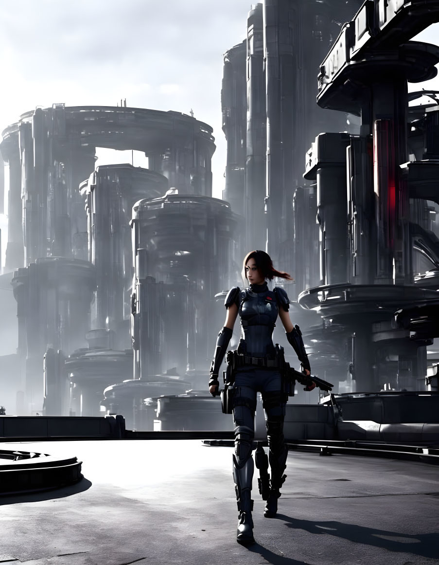 Futuristic cityscape with towering buildings and female figure in combat gear