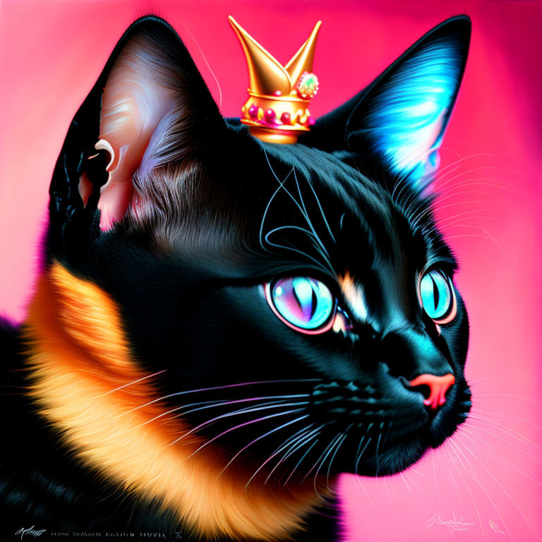 Colorful Digital Art: Black Cat with Blue Eyes and Golden Crown on Pink Background