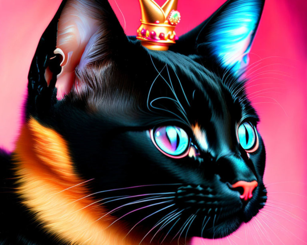 Colorful Digital Art: Black Cat with Blue Eyes and Golden Crown on Pink Background