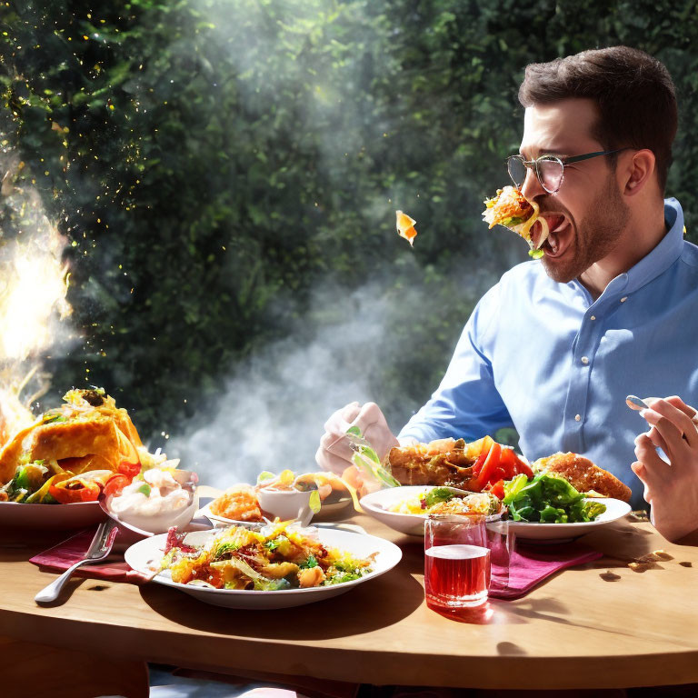 Man in Blue Shirt Enjoying Large Outdoor Meal with Salads and Fried Chicken