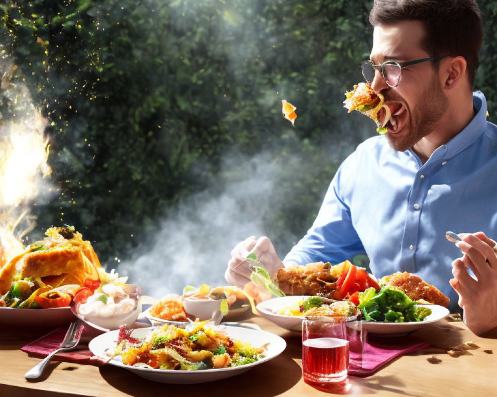 Man in Blue Shirt Enjoying Large Outdoor Meal with Salads and Fried Chicken