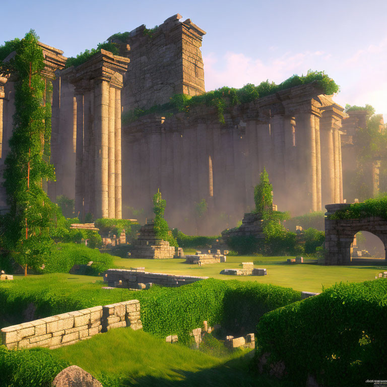 Ancient ruins with towering stone columns in lush greenery and warm sunlight