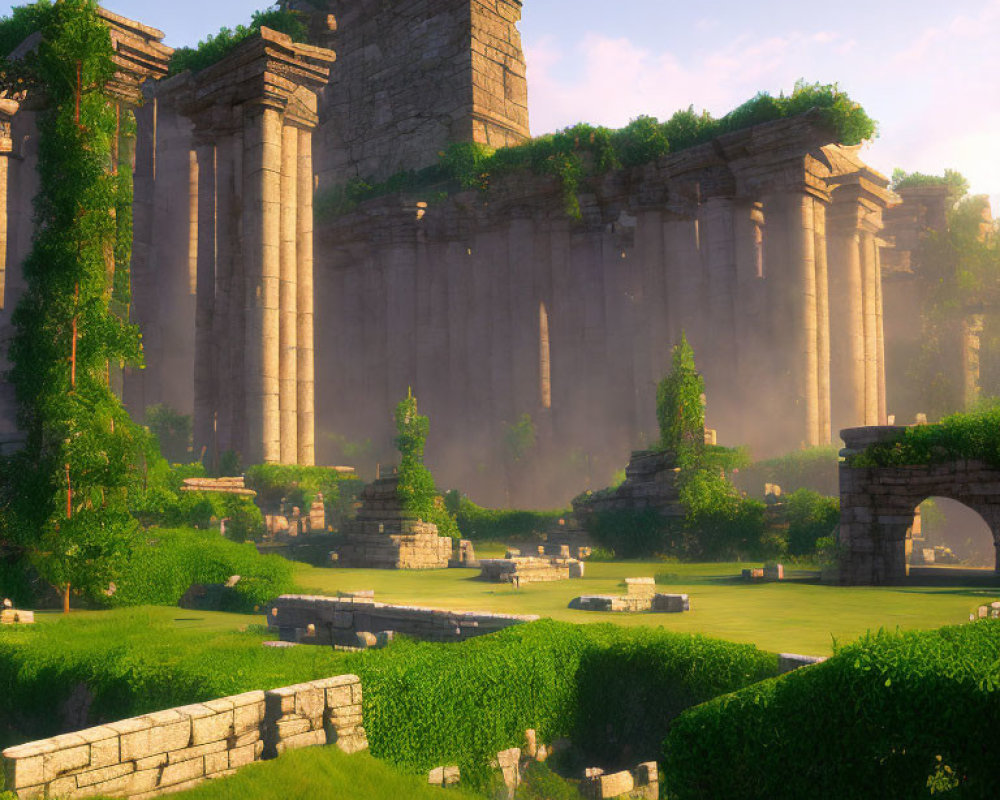 Ancient ruins with towering stone columns in lush greenery and warm sunlight