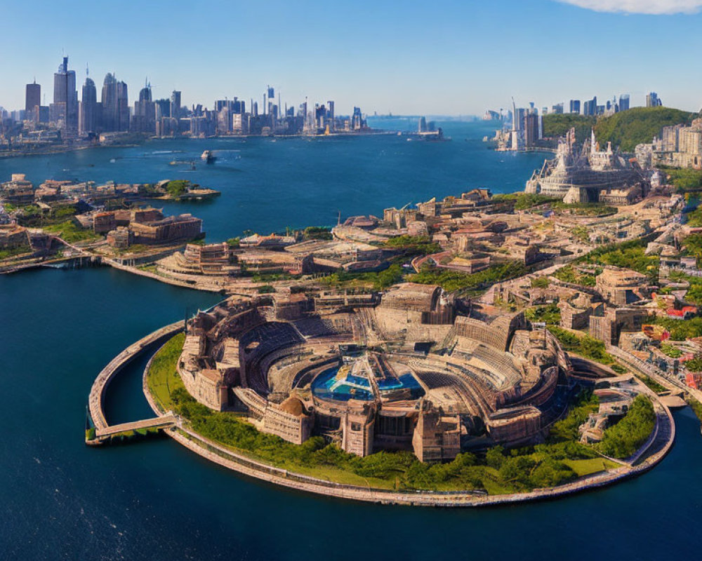 Coastal City Aerial View: Circular Fortress and Skyscrapers near Water