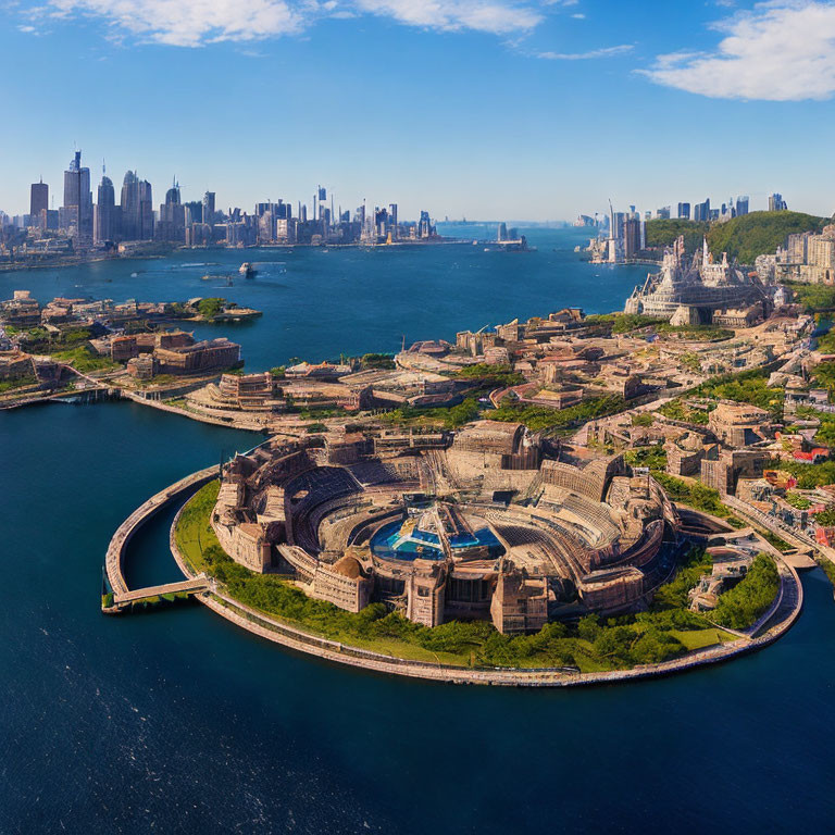 Coastal City Aerial View: Circular Fortress and Skyscrapers near Water