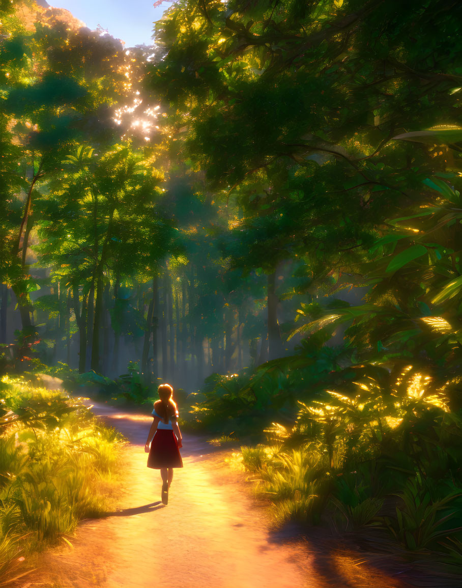 Person walking on forest path under golden sunlight through lush green trees