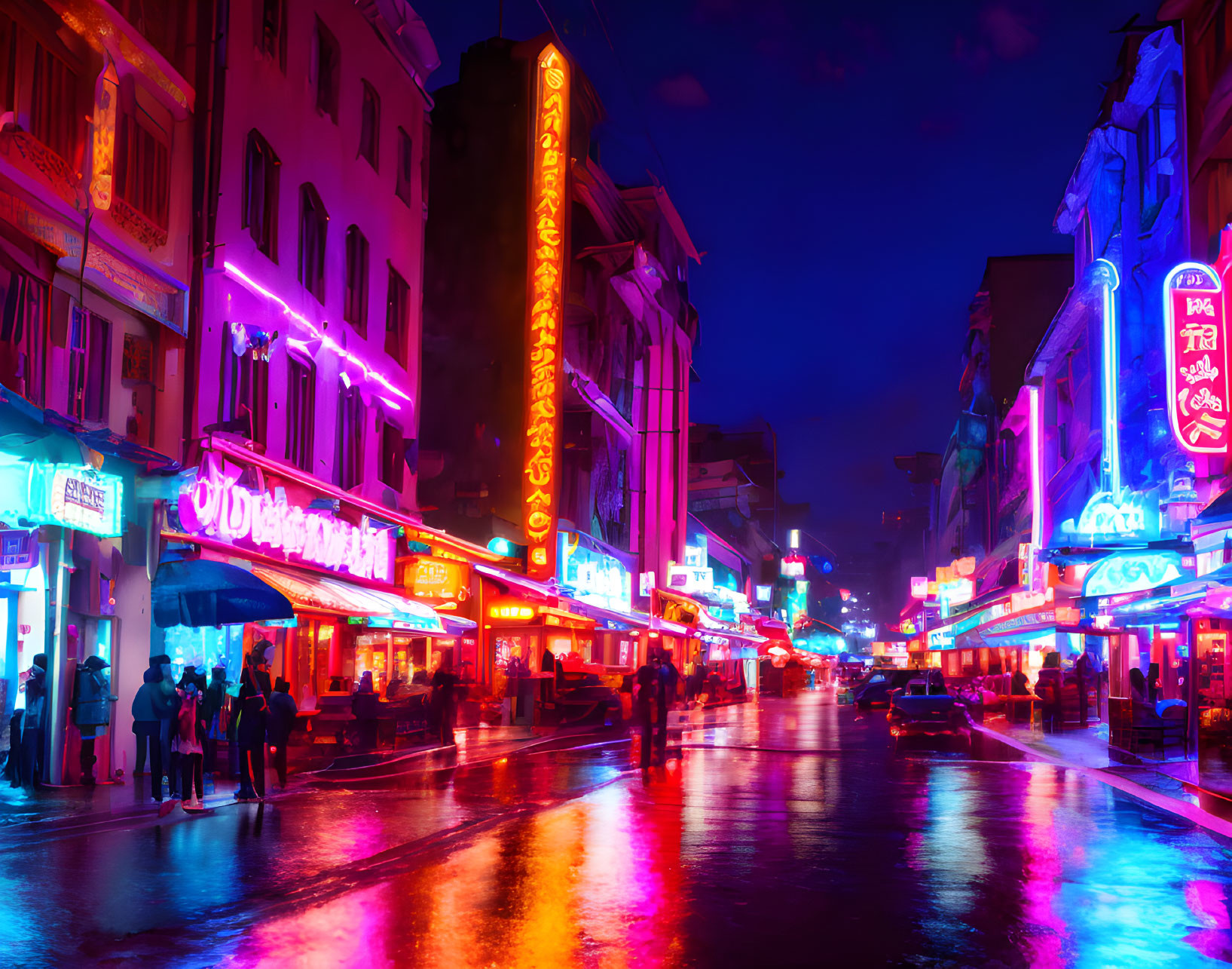 Colorful Neon-Lit City Street at Night with Pedestrians