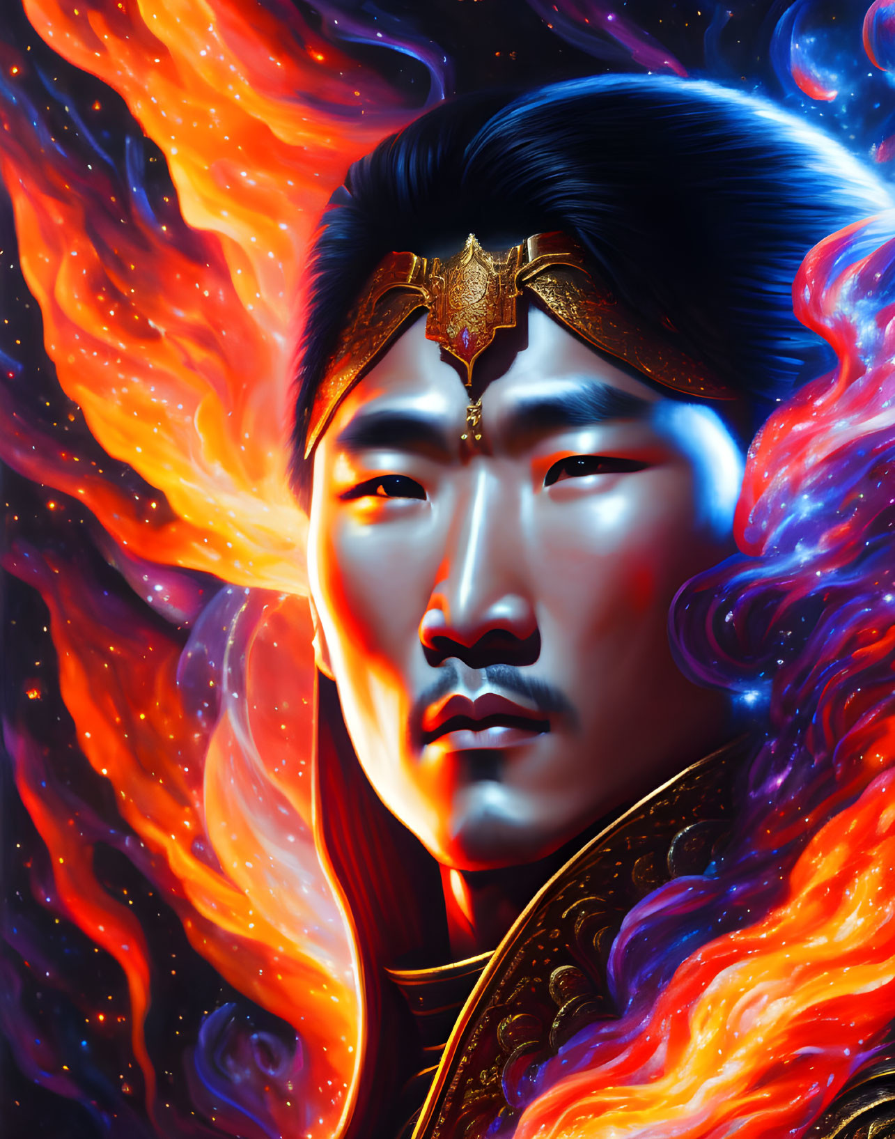 Colorful portrait of an Asian male with flame-like aura and ornate headpiece