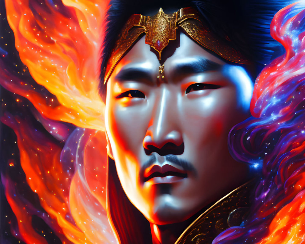 Colorful portrait of an Asian male with flame-like aura and ornate headpiece