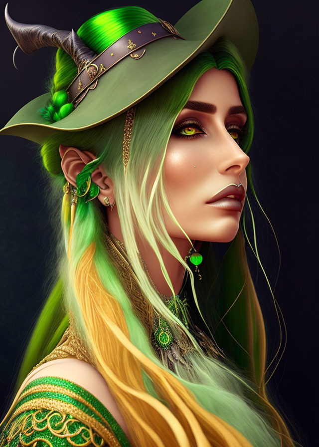 Fantasy female character with green hair and pointed ears in ornate attire