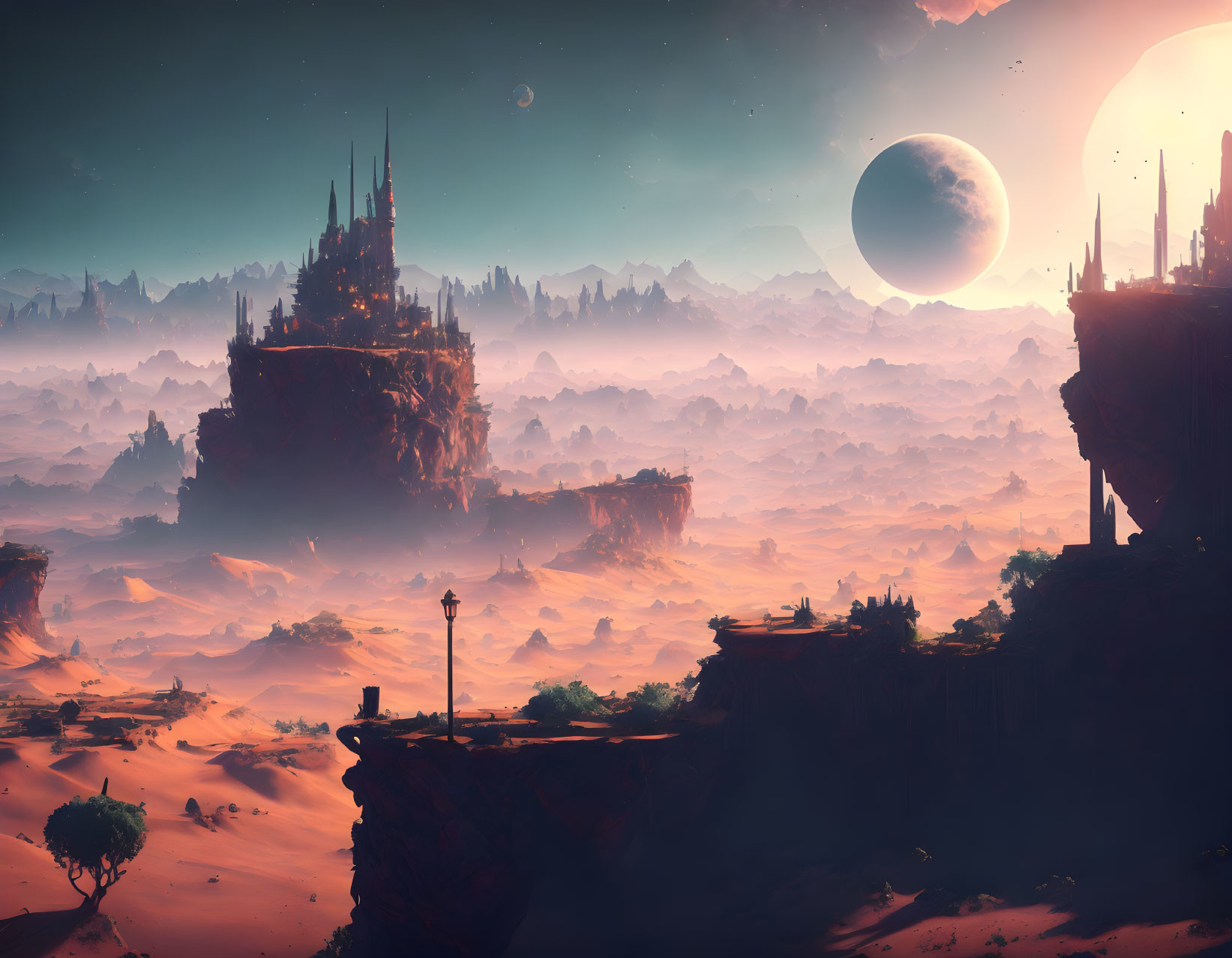 Fantastical dusk landscape with floating rocks, castle, alien trees, giant moon