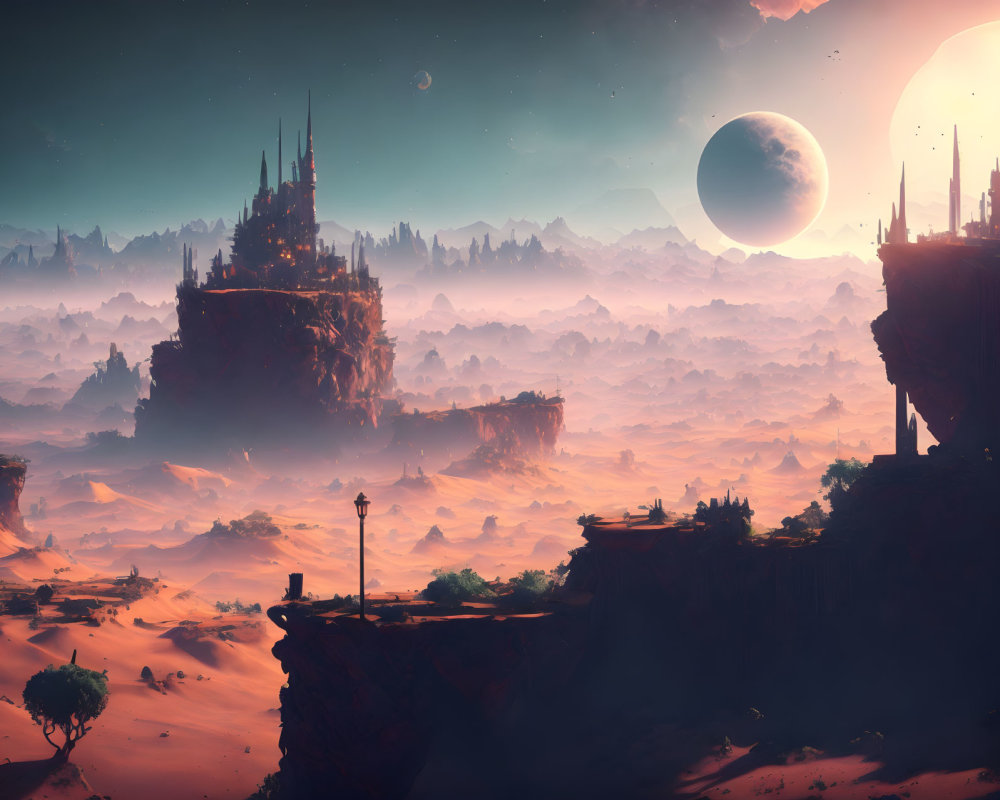 Fantastical dusk landscape with floating rocks, castle, alien trees, giant moon