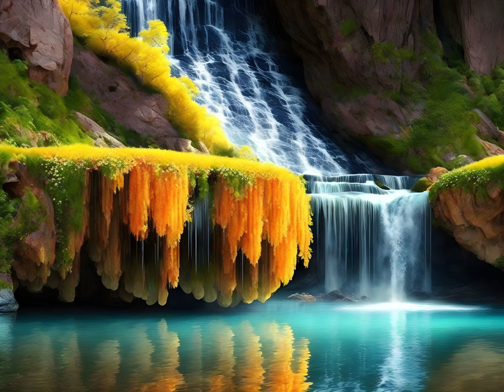 Tranquil waterfall with mossy rocks and orange foliage