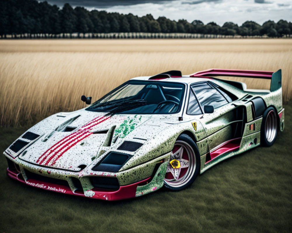 Custom-designed pixelated sports car parked outdoors with sparkling body and trees in background