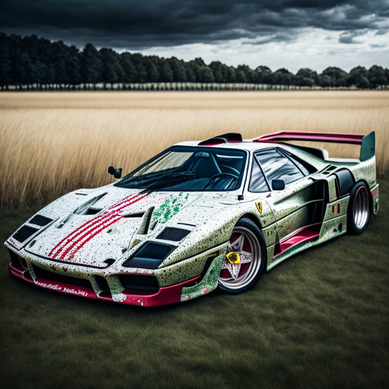 Custom-designed pixelated sports car parked outdoors with sparkling body and trees in background