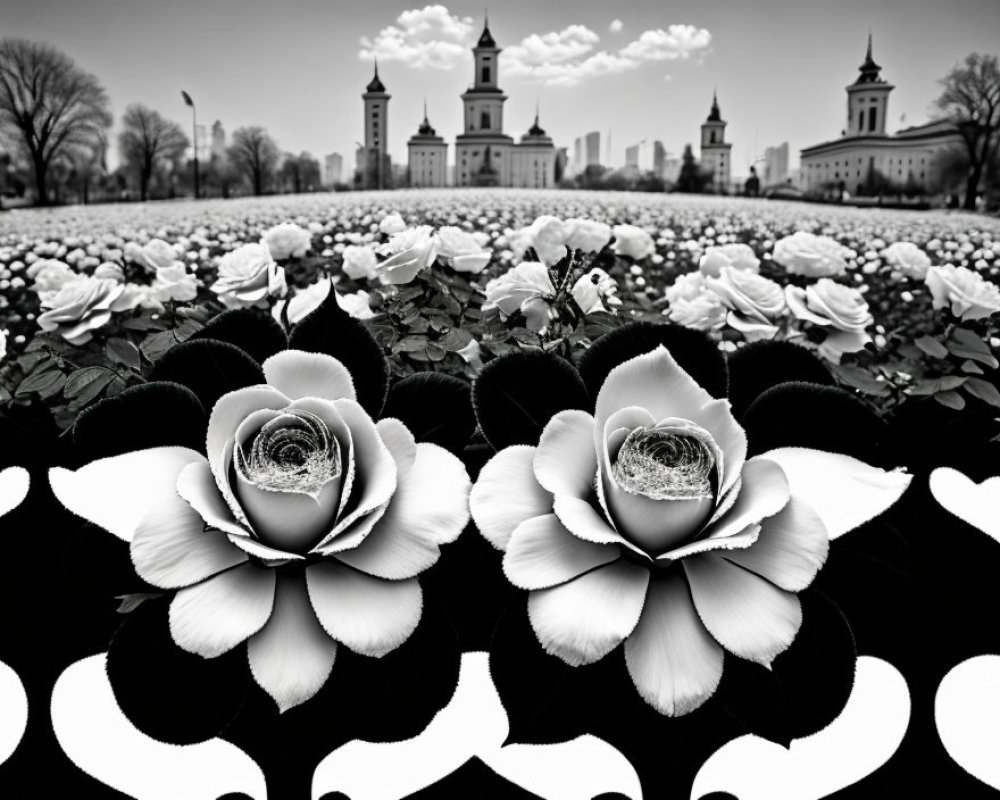 Monochrome picture of rose garden and cityscape under cloudy sky