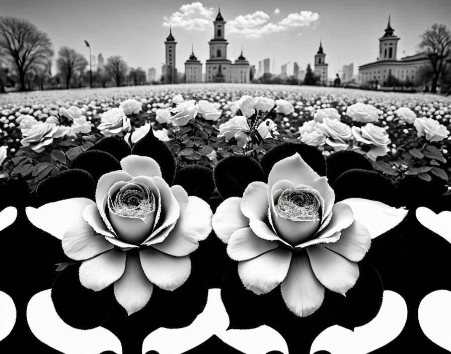 Monochrome picture of rose garden and cityscape under cloudy sky