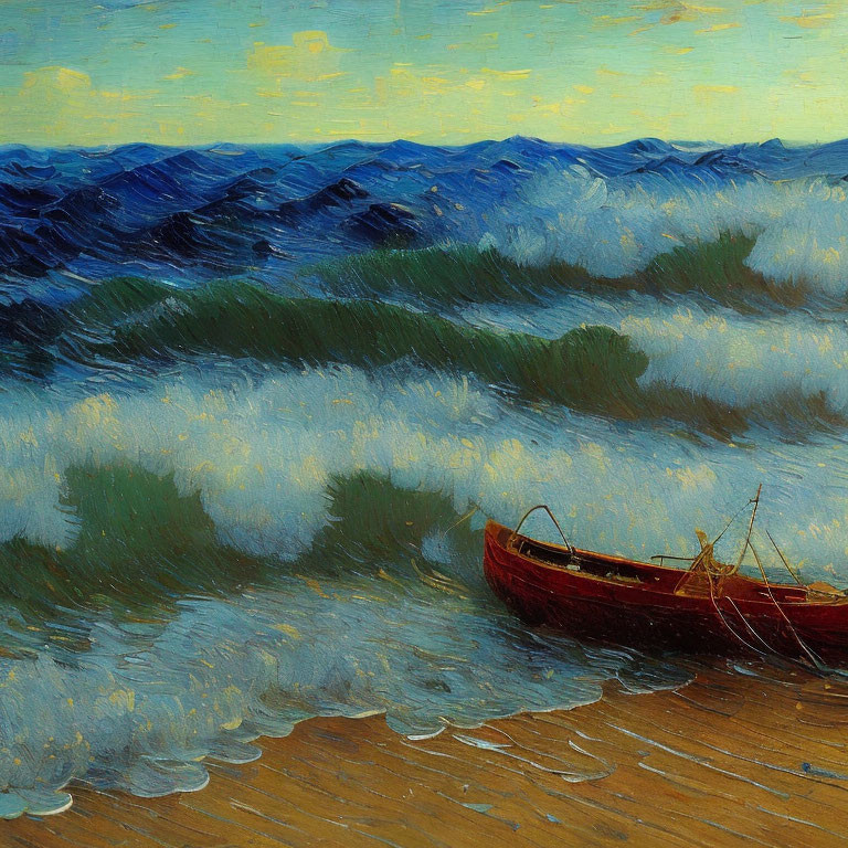 Vivid painting of red boat on textured shore with blue waves and golden sky