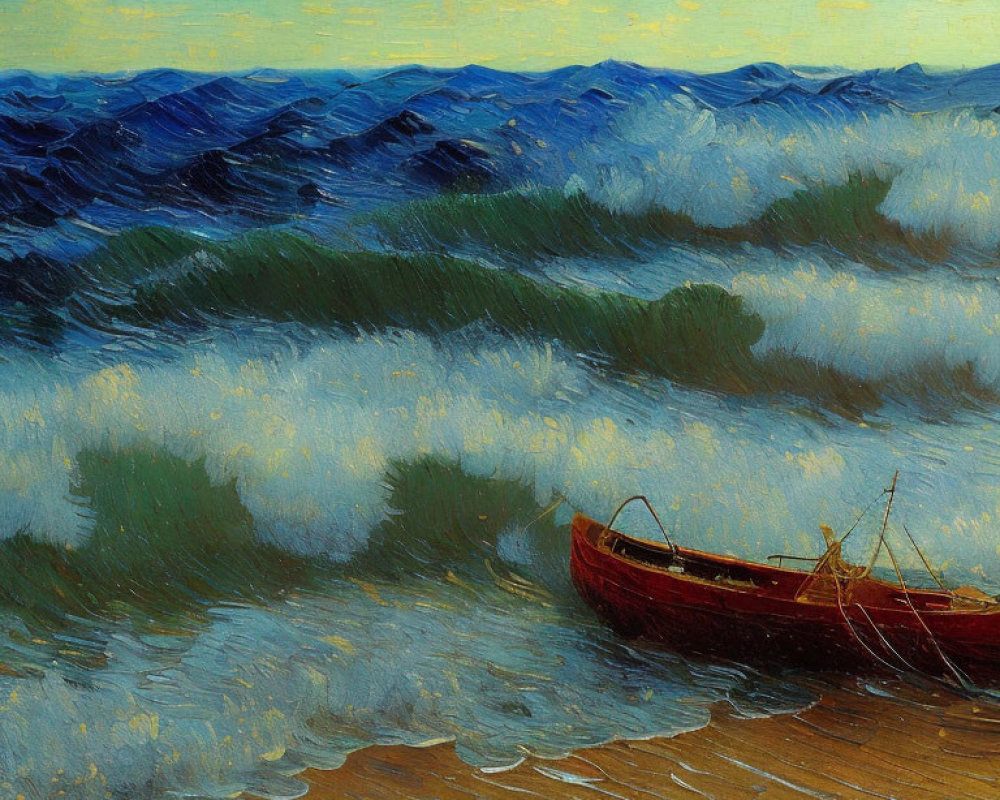 Vivid painting of red boat on textured shore with blue waves and golden sky