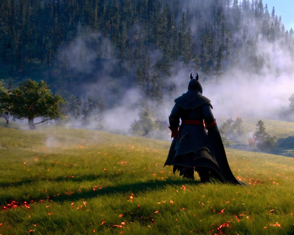 Caped Figure in Misty Meadow with Morning Light