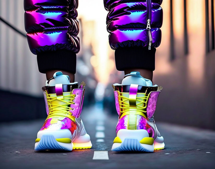 Colorful high-top sneakers in urban alleyway showcase vibrant style