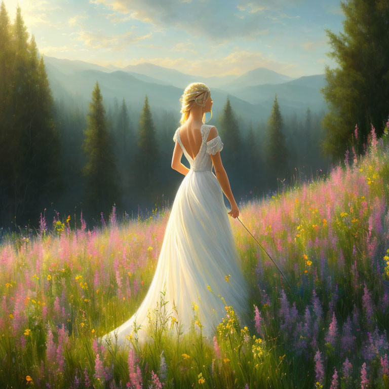 Woman in White Gown Standing in Sunlit Meadow with Wildflowers and Mountain View