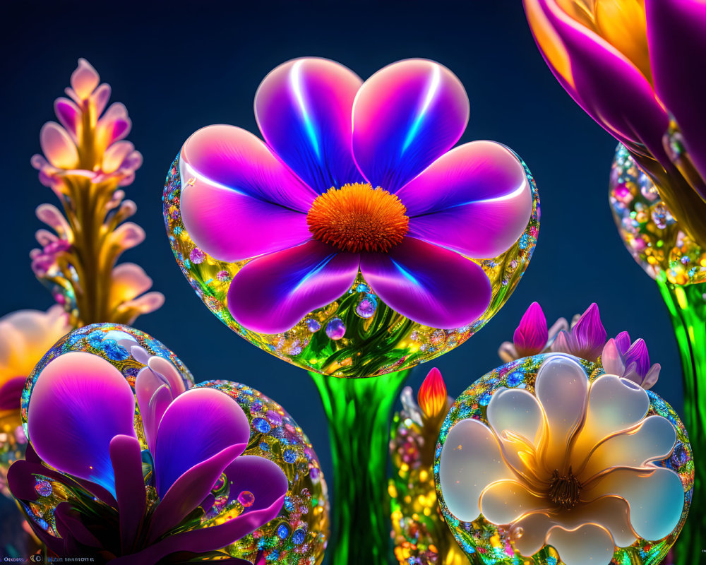 Fantastical flowers with iridescent petals on dark blue - Stunning Digital Artwork